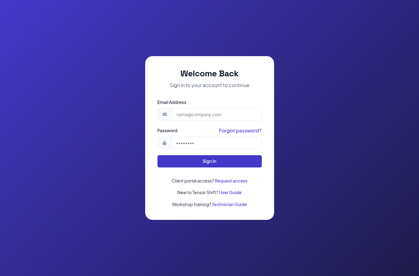 Tensor Shift sign-in page