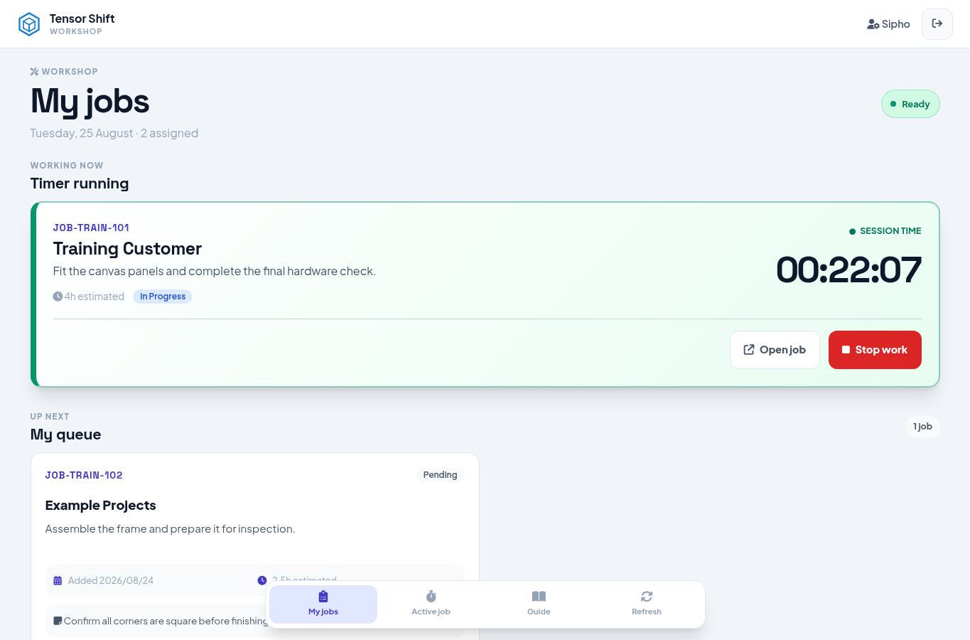 Technician dashboard with a running job timer